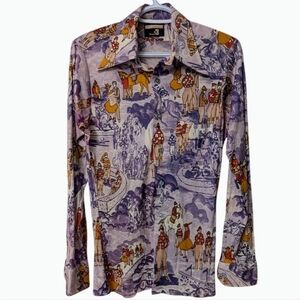 Vintage 70s Race Tracks Print! Bonds Knit Collection Button Up Shirt Top